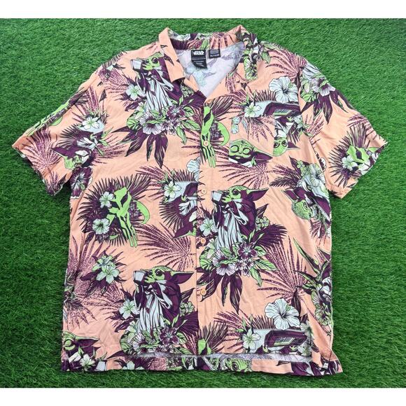 Star Wars The Mandalorian Grogu Aloha Hawaiian Shirt XXL Peach Green Floral - Picture 1 of 8